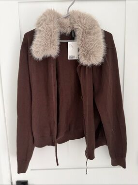 H&M Brown Sweater Cardigan with Beige Faux Fur Collar